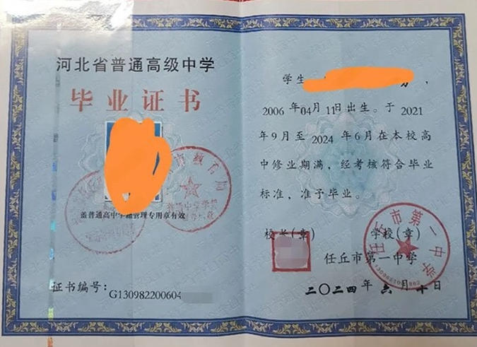 黄岛任丘市第一中学高中毕业证样本图片