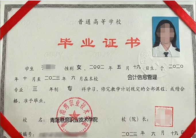 青岛港湾职业技术学院2023年普通全日制专科毕业证书样本图片（会计信息管理）