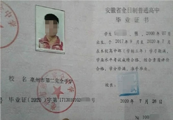 黄岛亳州市第二完全中学高中毕业证样本